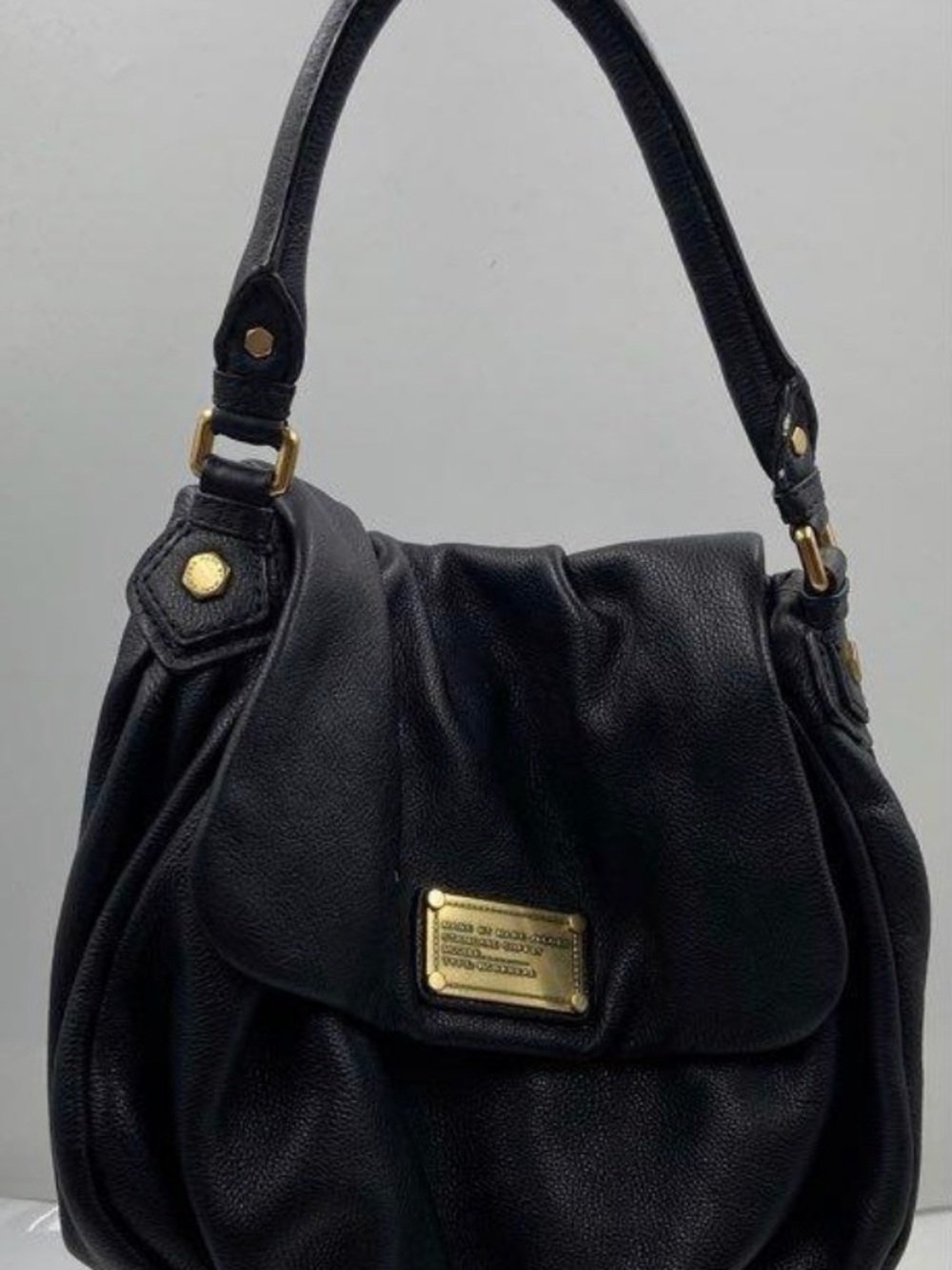 Black Leather Shoulder Bag with Gold Plaque